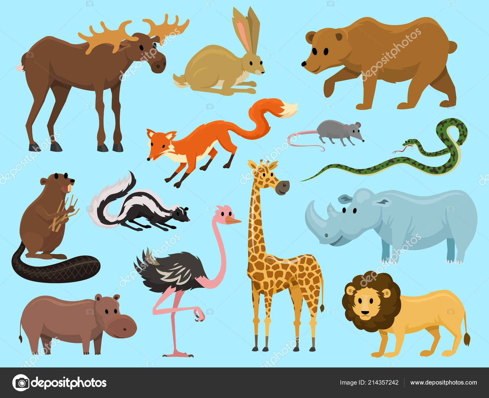 Cute Animals For Baby Wild Giraffe Moose Camel And Deer Rhinoceros Hare Wolf And Bear With Lion And Tiger Vintage World Cartoon Vector Stock Vector Image By C Arthurbalitskiy