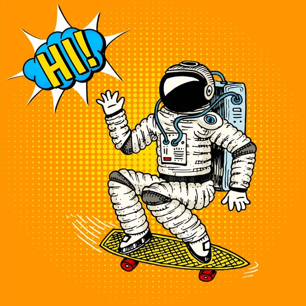 안녕하세요 팝 아트 우주 비행사는 스케이트 보드에 급등. 우주인 우주비행사 슈퍼 히어로 모험을 탐구 한다. 오래 된 스케치에 새겨진된 핸드입니다. 화려한 배경 복고풍 스타일 만화 집입니다. 천문은 공간. — 스톡 벡터