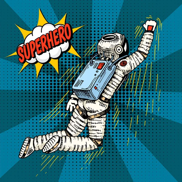 Astronauta de arte pop subindo ou voando em foguete. Spaceman cosmonauta super-herói explorar aventura. mão gravada desenhada em esboço antigo. fundo colorido estilo cômico retro. Espaço galáctico astronómico . —  Vetores de Stock