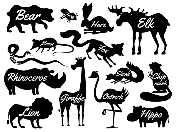 Tiere für Babys. Silhouetten isoliert. wilde Giraffen Elch Kamel und Hirsche, Nashorn. Hase, Wolf und Bär mit Löwe und Tiger. Vintage-Welt. Karikaturenvektor. — Stockvektor
