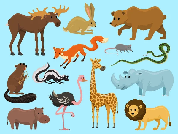 Animales lindos para el bebé. Jirafa salvaje alce camello y ciervo, rinoceronte. liebre, lobo y oso con león y tigre. Mundo vintage. vector de dibujos animados . — Vector de stock