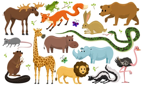 Animales lindos para el bebé. Jirafa salvaje alce camello y ciervo, rinoceronte. liebre, lobo y oso con león y tigre. Mundo vintage. vector de dibujos animados . — Vector de stock