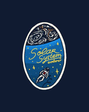 Vintage alanı logo. Astronomik galaksinin keşfi. Misyon astronot veya uzay adamı. kozmonot macera. uydu rozet amblemi yama etiket. oyma el çizilmiş kroki.