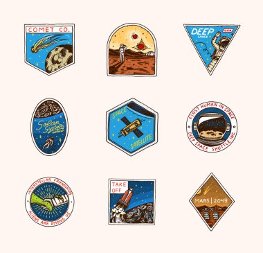 Vintage alanı logo. Astronomik galaksinin keşfi. Misyon astronot veya uzay adamı. kozmonot macera. uydu rozet amblemi yama etiket. oyma el çizilmiş kroki.