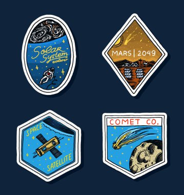 Vintage alanı logo. Astronomik galaksinin keşfi. Misyon astronot veya uzay adamı. kozmonot macera. Gezegen ve uyduları rozet amblemi yama sticker. oyma el çizilmiş kroki.