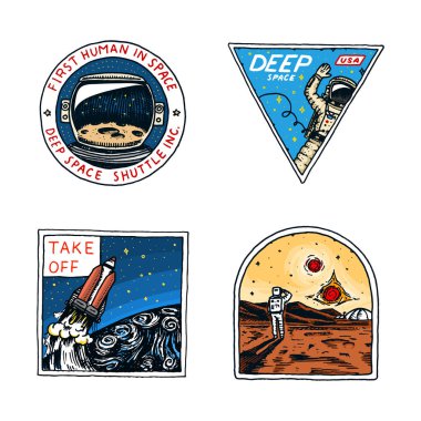 Uzay logo kümesi. Mars'a insan görev. Astronomik galaksinin keşfi. Astronot ya da uzaylı macera. Gezegen ve uyduları rozet amblemi yama sticker. oyulmuş elle çizilmiş Vintage kroki