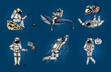 Astronotlar bir dizi alan pop sanat. Bayrak, balina ve balonlar ile yükselen uzay adamı koleksiyonu. galaksideki dansçı müzisyen macera. Evsiz gezgin oyulmuş el çekilmiş komik skeç.
