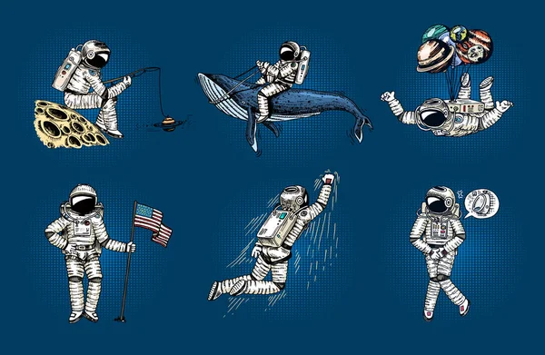 Uppsättning av astronauter i rymden popkonst. Collection skyhöga spaceman med flagga, whale och ballonger. dansare musiker äventyr i galaxen. Hemlösa traveler graverade hand dras komisk sketch. — Stock vektor