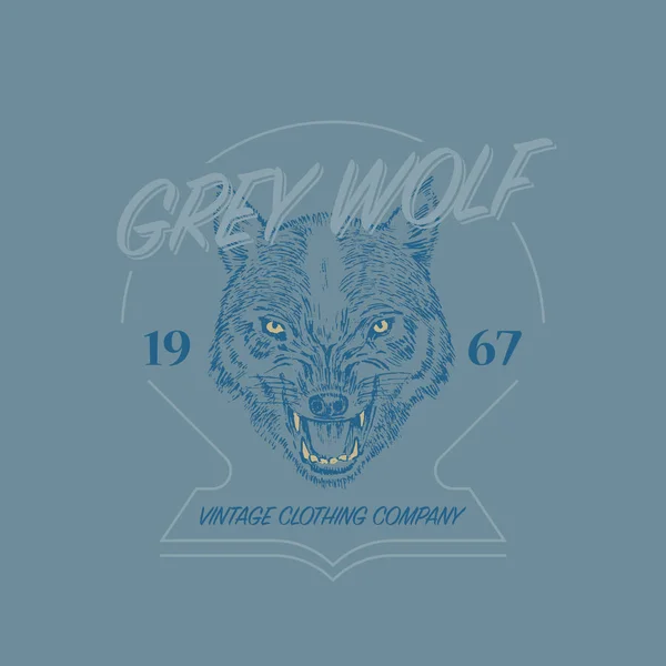 Wild wolf logo. Grunge label print. Angry animal of a predator. Badge or emblem Engraved hand drawn old monochrome Vintage Dog face sketch t-shirt. wild. Vector illustration. — Stock Vector