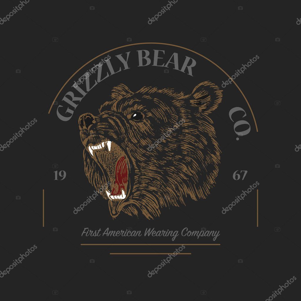 Grizzly Bear logo. Grunge label print. Angry roar of a predator. Badge or emblem Engraved hand drawn old monochrome Vintage face sketch t-shirt. wild animal. Vector illustration