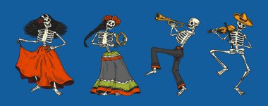 Ölülerin günü. Meksika Ulusal tatil. İspanyolca Dia de Los Muertos orijinal yazıt. İskelet kostüm dans, oyun keman, trompet ve gitar. Elle çizilmiş kroki kazınmış.