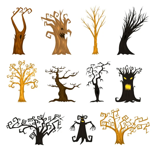 Halloween träd, läskiga eller läskigt och skrämmande grenar. mytiska eller fantastisk fabeldjur. trä varelser i skogen. — Stock vektor