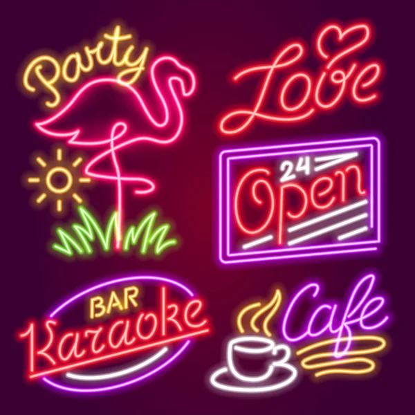 Conjunto de moda sinal de néon. Sinalização de noite brilhante, banner de luz brilhante. Logotipo de verão, emblema. Clube ou bar em fundo escuro. Vetor editável. Café cor-de-rosa Hello Love Open Karaoke Música Flamingo Party — Vetor de Stock
