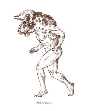 Efsanevi Minotaur. Mitolojik antik hayvan. Antik adam Boğa başlı, eski vintage tarzı fantastik yaratıklar. Oyma el çekilmiş eski kroki.