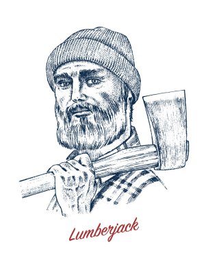 Oduncu veya oduncu balta ile. Geleneksel bir sakallı adam. Hipster ormanda çalışır. Oyulmuş elle çizilmiş resim Vintage eski tek renkli kroki, mürekkep. Vektör çizim için etiket.