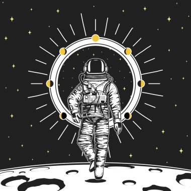 astronot uzay adamı kartları. Ay güneş sistemindeki gezegenlerden aşama. astronomik galaxy alan. kozmonot macera keşfedin. oyulmuş elle de eski, etiket veya T-shirt için vintage tarzı çizilmiş.