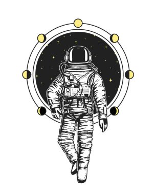 astronot uzay adamı kartları. Ay güneş sistemindeki gezegenlerden aşama. astronomik galaxy alan. kozmonot macera keşfedin. oyulmuş elle de eski, etiket veya T-shirt için vintage tarzı çizilmiş.