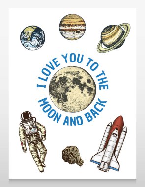 kart gezegenler güneş sistemi ve astronot uzay adamı. ay ve güneş, Merkür ve dünya, mars ve Venüs. astronomik galaxy alan arka plan. oyulmuş elle çizilmiş eski kroki, vintage tarzı.