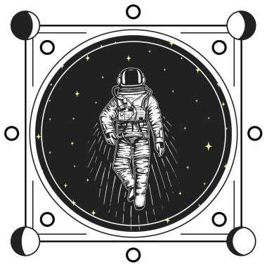 astronot uzay adamı kartları. Ay güneş sistemindeki gezegenlerden aşama. astronomik galaxy alan. kozmonot macera keşfedin. oyulmuş elle de eski, etiket veya T-shirt için vintage tarzı çizilmiş.