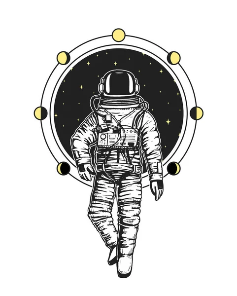 Astronautenkarten. Mondphasen Planeten im Sonnensystem. Astronomischer Galaxienraum. Kosmonauten erkunden Abenteuer. eingravierte Handzeichnung in alter Skizze, Vintage-Stil für Etikett oder T-Shirt. — Stockvektor