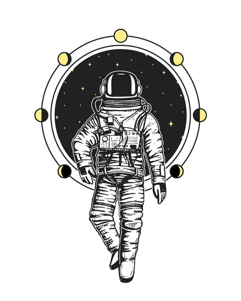 Astronauta spaceman karty. Księżyc fazy planety w układzie słonecznym. astronomiczne galaktyka space. kosmonauta Poznaj przygody. grawerowane ręcznie rysowane w stary szkic, Styl vintage etykiety lub T-shirt. — Wektor stockowy