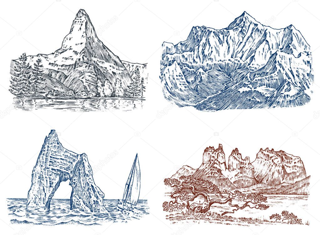 Mountains peaks, vintage Everest and matterhorn, old looking hand drawn, sketch or engraved style, different versions for hiking, climbing. landscape of nature. valley with green trees