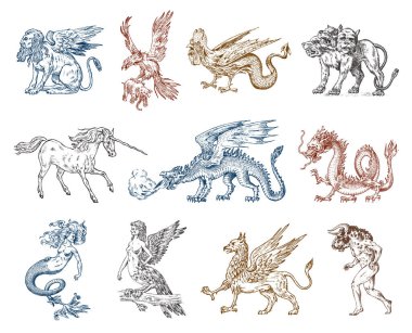 Set of Mythological animals. Mermaid Minotaur Unicorn Chinese dragon Cerberus Harpy Sphinx Griffin Mythical Basilisk Roc Woman Bird. Greek creatures. Engraved hand drawn antique old vintage sketch. clipart