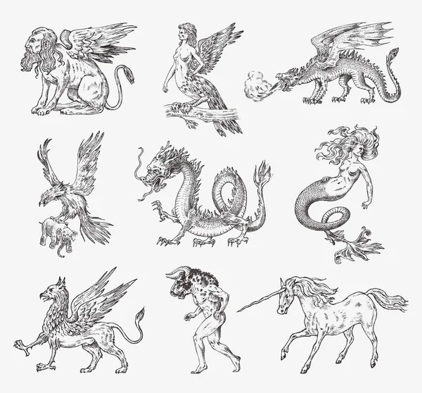 Ensemble d'animaux mythologiques. Sirène Minotaure Licorne Dragon chinois Cerbère Harpie Sphinx Griffin Basilic mythique Roc Femme Oiseau. Des créatures grecques. Croquis vintage antique gravé à la main . — Image vectorielle