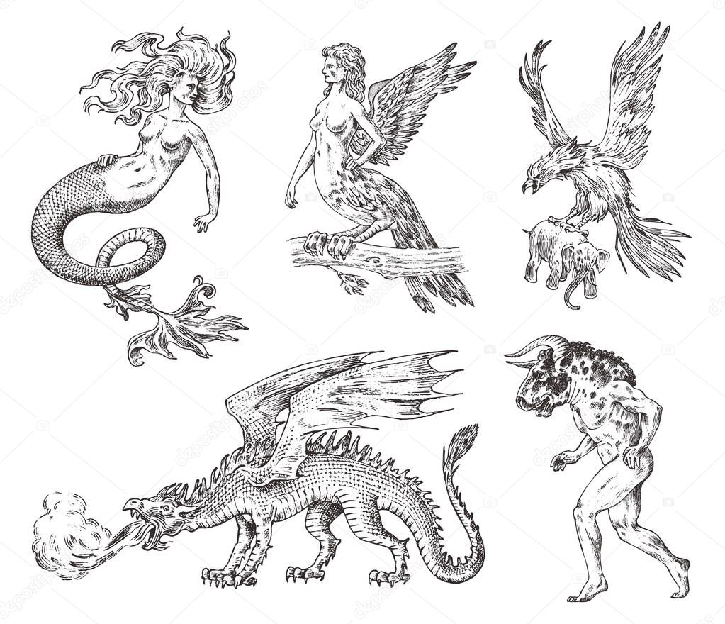 Set of Mythological animals. Mermaid Minotaur Chinese dragon Harpy Griffin Mythical Basilisk Roc Woman Bird. Greek creatures. Engraved hand drawn antique old vintage sketch.