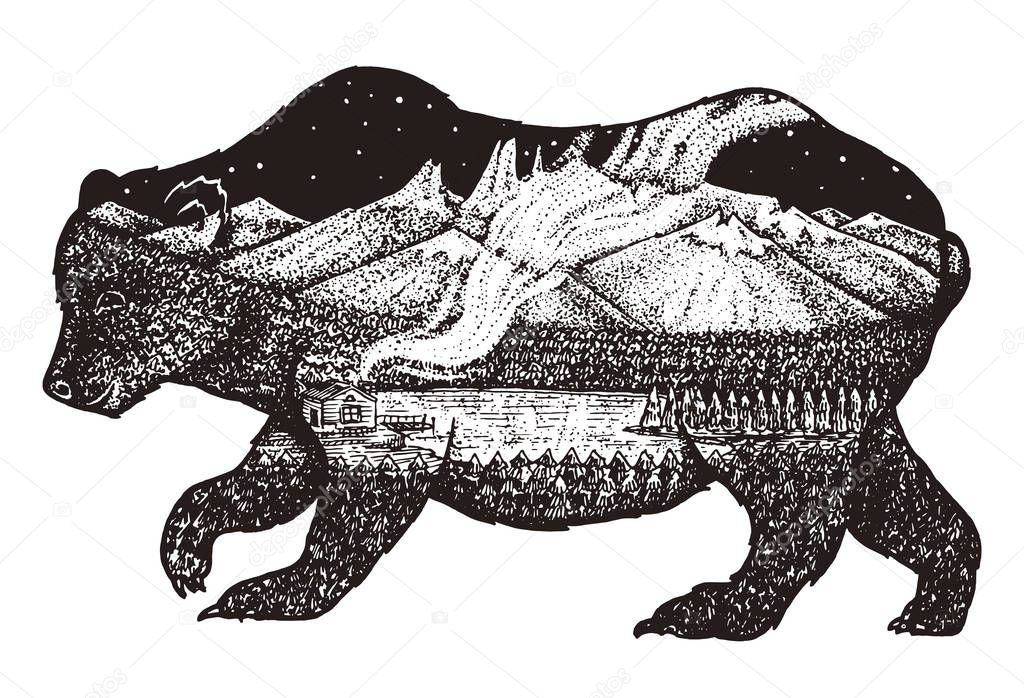 Double exposure. bear with mountains, space and forest. Abstract wild animal for tattoo or label. Vintage style. Engraved hand drawn sketch