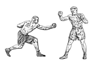 Boksörler eğitim vardır. Spor güçlü adamlar mücadele. Vintage tek renkli resimde. Elle çizilmiş.