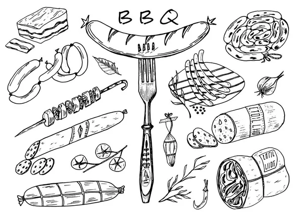 Fleischgerichte, Wurst und Steak zum Grillen und Picknick. Doodle Zeichen für Menü. Vintage gravierte Illustration. Monochromer Stil. — Stockvektor