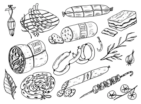 Vlees eten, worst en biefstuk voor BBQ- en picknick. Doodle tekenen voor menu. Vintage gegraveerde afbeelding. zwart-wit stijl. — Stockvector