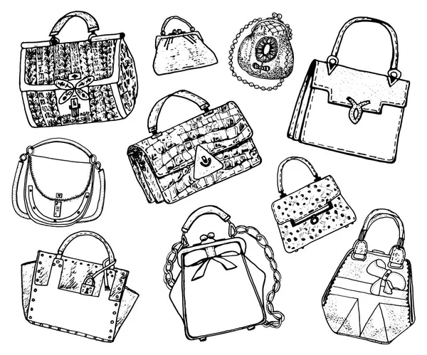 Frauentaschen. Vintage-Stil. handgezeichnete Kritzelmodeaccessoires. Aufnäher und Pins. — Stockvektor