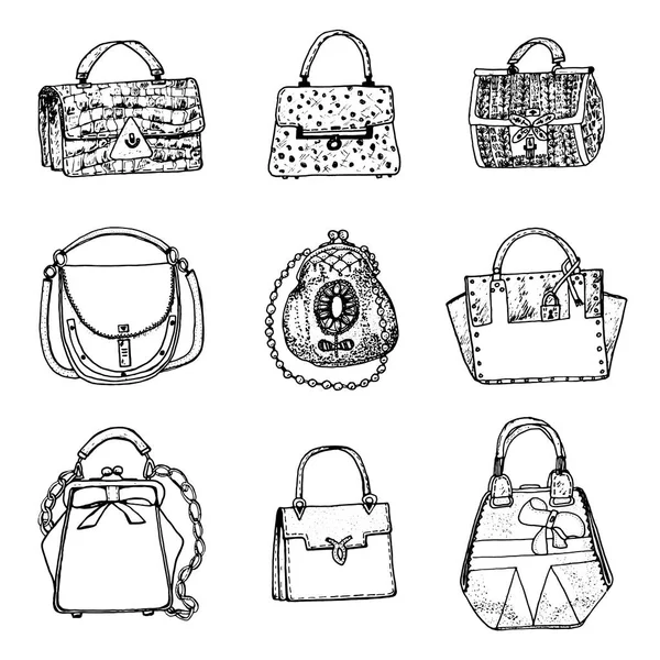 Frauentaschen. Vintage-Stil. handgezeichnete Kritzelmodeaccessoires. Aufnäher und Pins. — Stockvektor