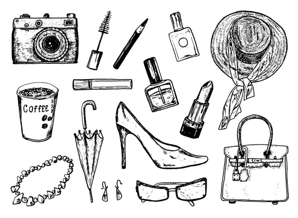 Damenaccessoires Kosmetik. Vintage-Stil. Handgezeichneter Doodle-Hut, Schuhe und Schminkutensilien. Aufnäher und Pins. — Stockvektor