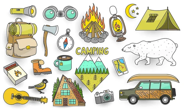 Set of cute camping elements. Stickers, doodle pins, patches. Equipment in forest. Mountain, fire, map, compass, bear, tent, car, backpack, guitar. — Stock Vector