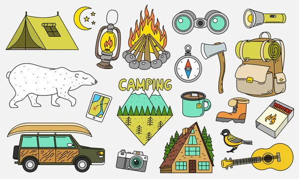 Set of cute camping elements. Equipment in forest. Stickers, doodle pins, patches. Tent, car, backpack, guitar, mountain, fire, map, compass, bear. — Stock Vector