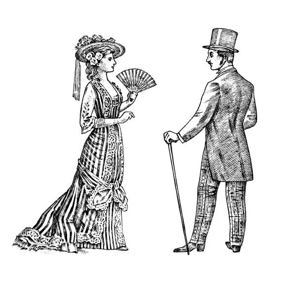 Antique ladie and man. Victorian Dame and gentleman. Ancient Retro Clothing. Woman in Ball lace dress. Vintage engraving style. hand drawn old monochrome sketch. Vector illustration. — Stock Vector