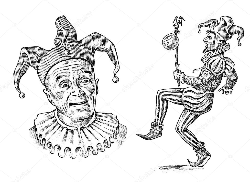 Funny jester in fool s cap. Clown in costume. Comedian character. Vintage engraved illustration. Monochrome style