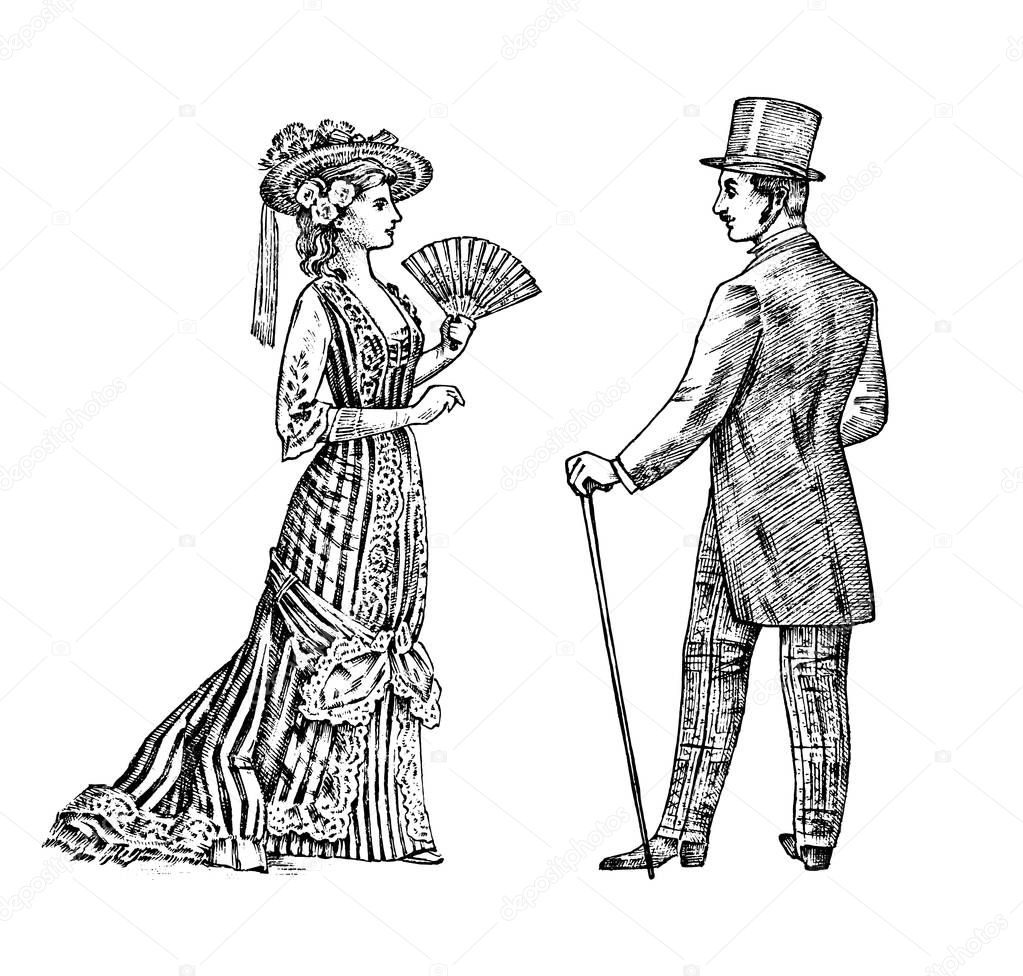 Antique ladie and man. Victorian Dame and gentleman. Ancient Retro Clothing. Woman in Ball lace dress. Vintage engraving style. hand drawn old monochrome sketch. Vector illustration.