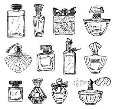 Bayan parfüm şişe bir dizi. Güzel moda cam aksesuar. Elle çizilmiş kroki. Vintage tarzı.