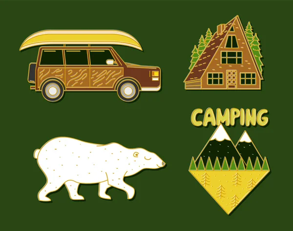 Conjunto de elementos de acampamento bonito. Equipamento na floresta. Adesivos, alfinetes, adesivos. Bear Car Mountain Casa de madeira. símbolos de viagem . — Vetor de Stock