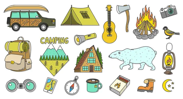 Set von niedlichen Camping-Elementen. Ausrüstung im Wald. Aufkleber, Kritzelnadeln, Patches. Gebirgsfeuer Karte Kompass tragen Zelt Auto Rucksack Gitarre. Reisesymbole. — Stockvektor