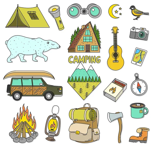 Ensemble d'éléments de camping mignons. Stickers, griffes, patchs.  Équipement en forêt. Montagne, feu, carte, boussole, ours, tente, voiture,  sac à dos, guitare . Vecteur par ©ArthurBalitskiy 223346648