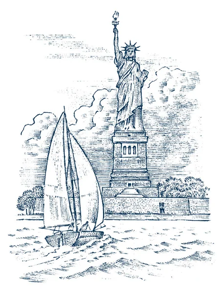 Segelbåt i havet på en bakgrund av Frihetsgudinnan i New York, sommaräventyr, aktiv semester. Havsgående fartyg, marina fartyg eller nautiska caravel. graverade handritad i vintagestil. — Stock vektor