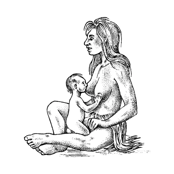 Pessoas primitivas. Período pré-histórico, tribo antiga, mulher bárbara caverna com uma criança. Esboço desenhado à mão. Ilustração monocromática gravada . — Vetor de Stock