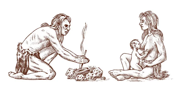 Ludzi pierwotnych. Okresu prehistorycznego, starożytne plemię, Jaskinia Barbarzyńca mężczyzna i kobieta para z dzieckiem. Ręcznie rysowane szkic. Grawerowane ilustracja monochromatyczne. — Wektor stockowy
