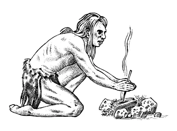 Gente primitiva. Período prehistórico, tribu antigua, hombre bárbaro cueva. Dibujo dibujado a mano. Ilustración monocromática grabada . — Vector de stock