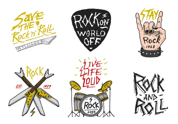 Uppsättning av Rock and Roll music symboler med trummor, Plektrum och machete. Etiketter, logotyper. Heavy metal mallar för design t-shirt, night part och festival. Handritad. Graverade skiss. — Stock vektor